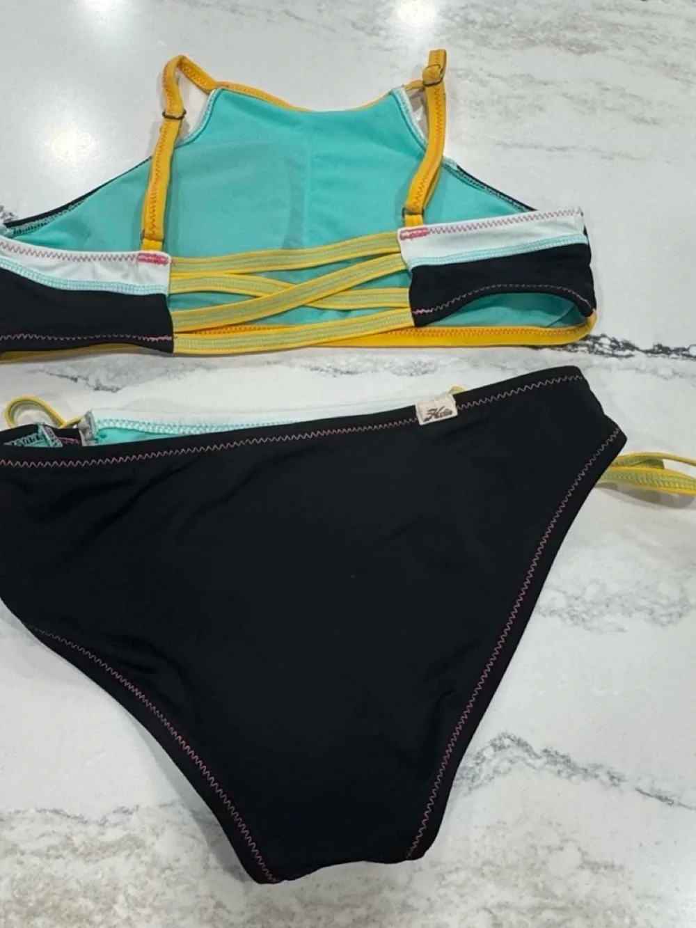 Hobie Black & Aqua Contrast Two-Piece Girl’s Swim Bikini with Yellow Trim